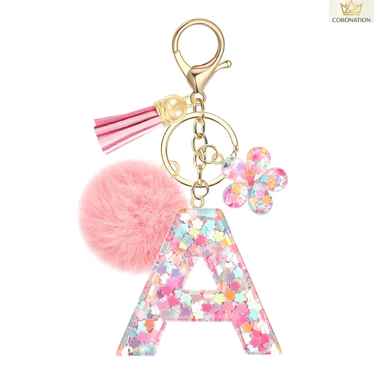 Women's Personalized Initial Pendant Resin Keychain - Cute Pink Flower Sequin Resin Charm, Camping Hammock Bag-Backpack Accessory, Custom Alphabet Bag Accessories Charm Gift, Female Keychain