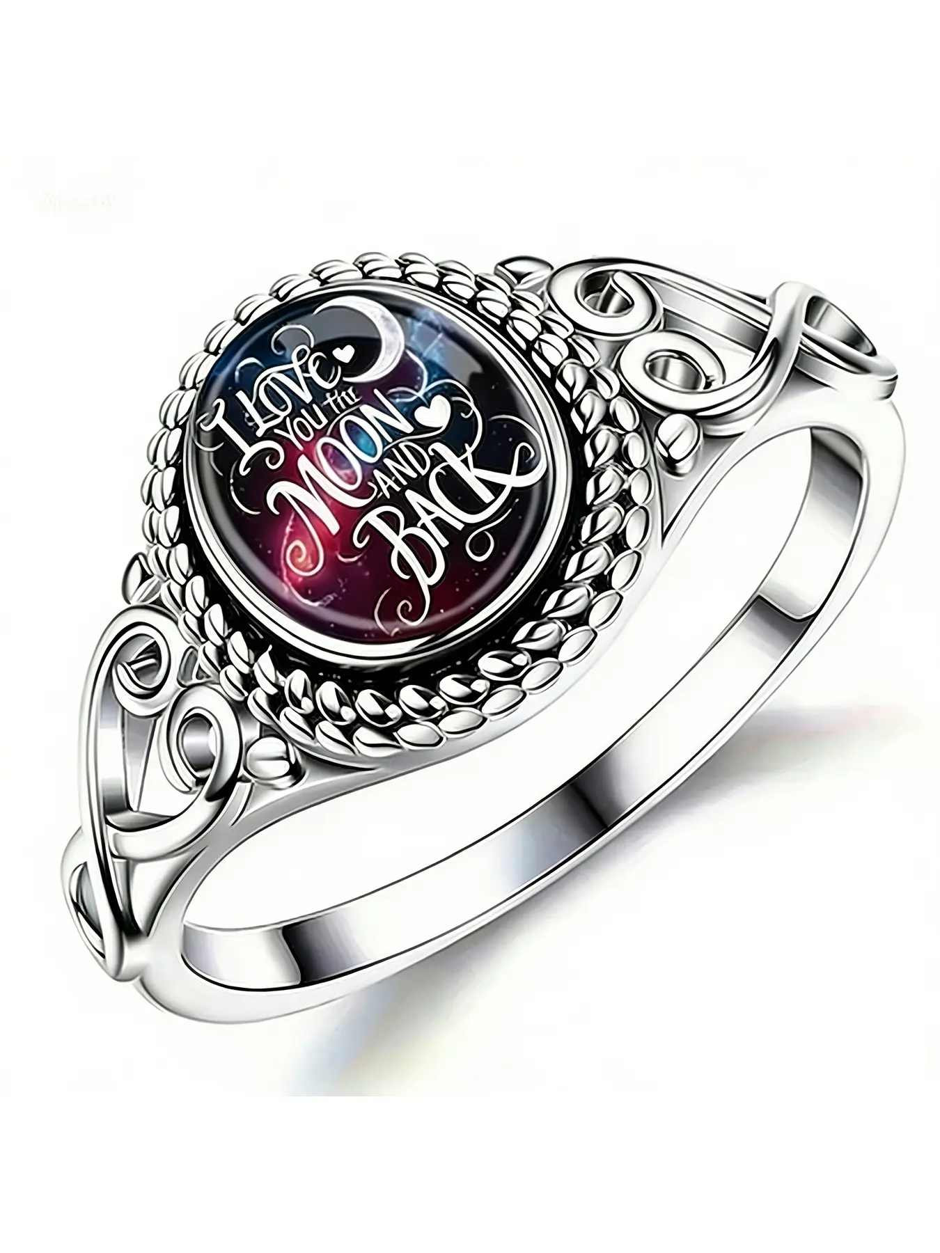 Vintage lady's hollowed-out vine-shaped round ring with the English slogan "I LOVE YOU TO THE MOON AND BACK" featuring a starry night and the moon. Romantic gift for couples or as decoration jewelry for special occasions.