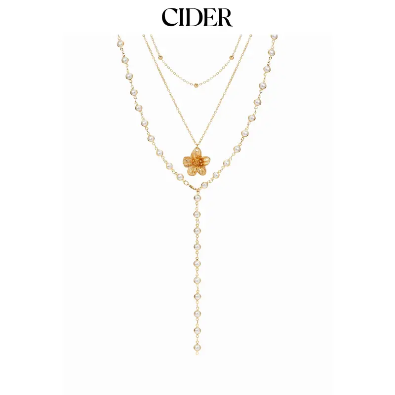 Cider FLOWER & FAUX PEARL LAYERED NECKLACE