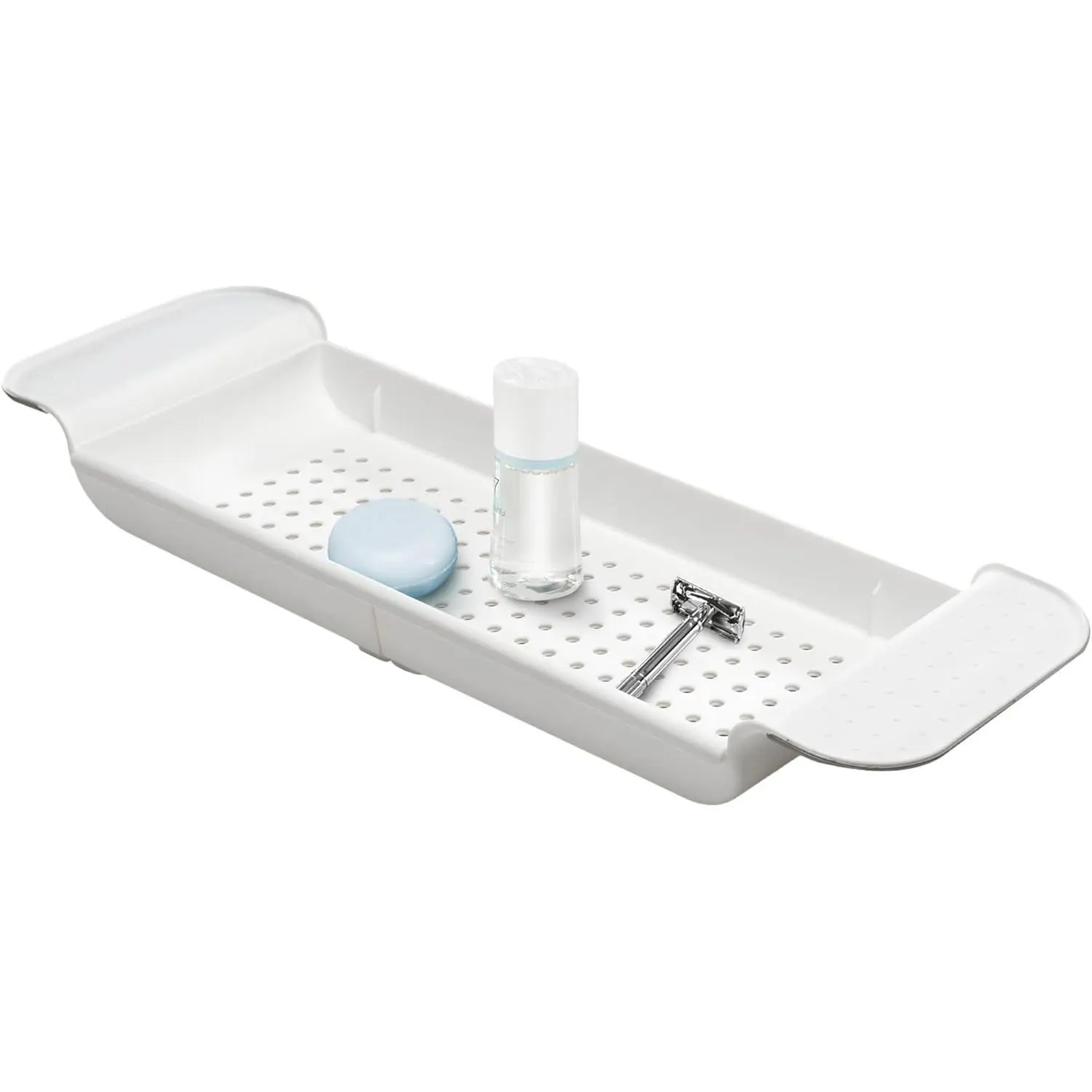 Expandable Bath Shelf, Adjustable Bathtub Tray for Bath-Night, Holds Glasses, Soaps, Toys & Bath Essentials, Non-Slip Grip, Fits Most Tubs, White