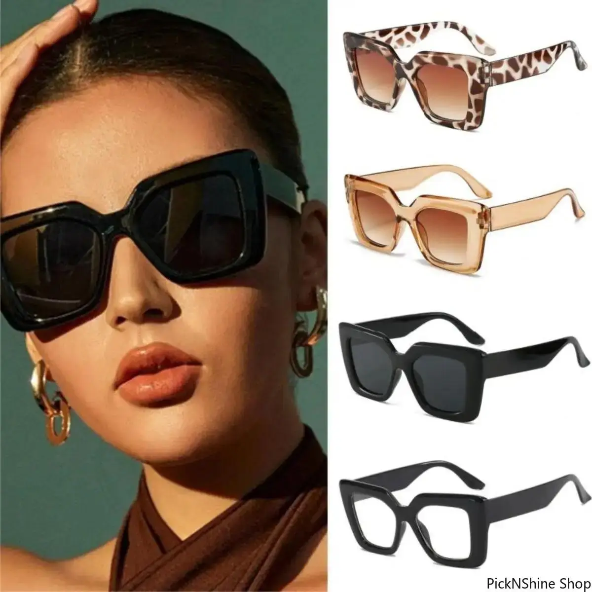 Women's 4-Piece Oversized Square Sunglasses - Semi-Rimless Chic Black 4-Lens Anti-UV Minimalist Fashion Eyewear for Street Style, Outdoor Use, Black Sunglasses, 4-Lens Women's Sunglasses