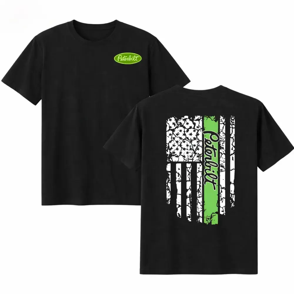 Peterbilt American Flag T-Shirt, Distressed USA Flag Graphic with Green Peterbilt Logo Stripe, Premium Cotton Unisex Truck Driver Shirt Gift for Diesel Truckers