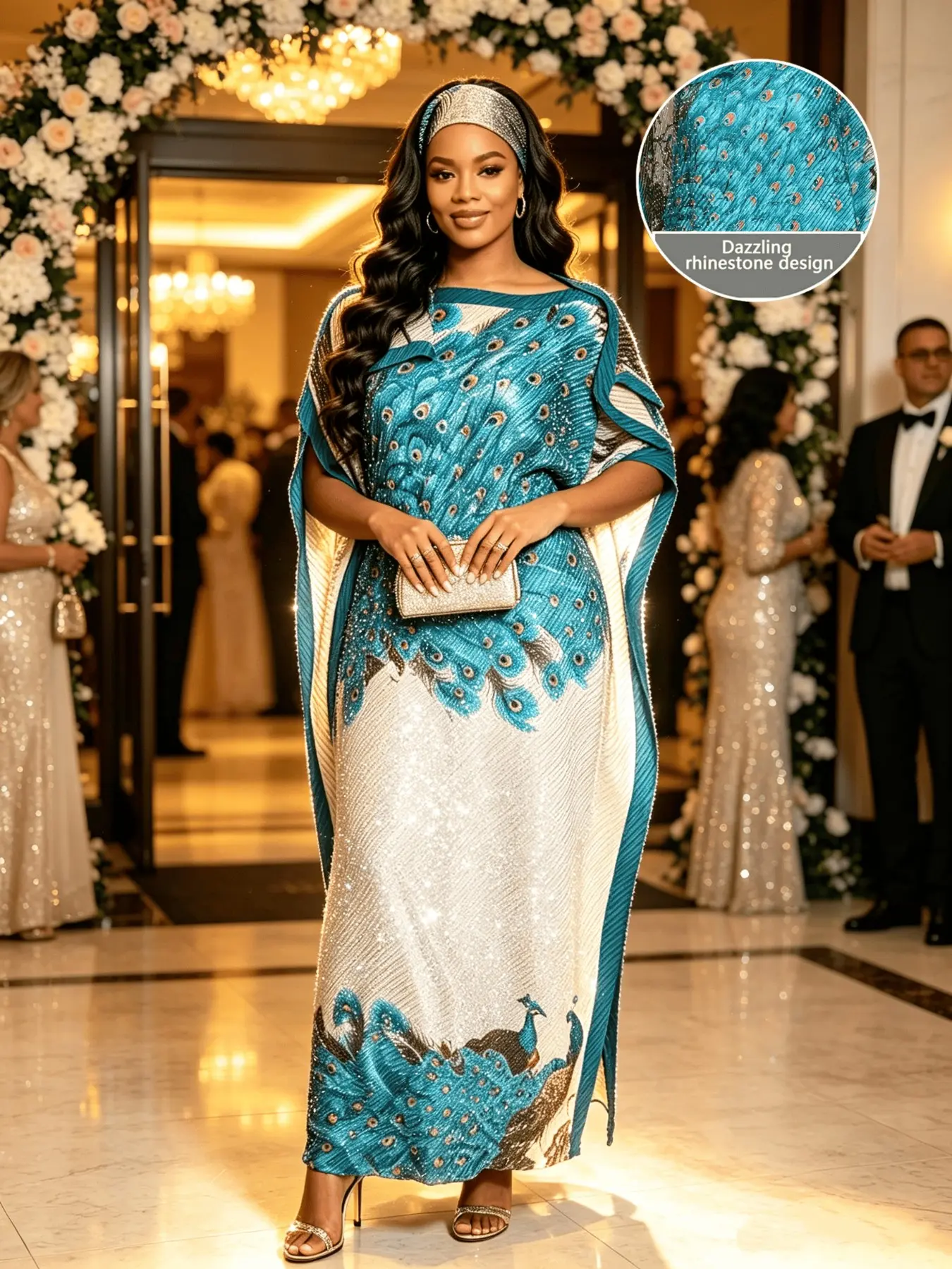 Sparkly Rhinestone Gradient Peacock Print Kaftan Two Piece Set, Oversized Split Long Maxi Dress, Elegant Ball Gala Formal Party Evening Wear Outfit With Matching Head Scarf, Suitable For Plus Size Ladies, Women