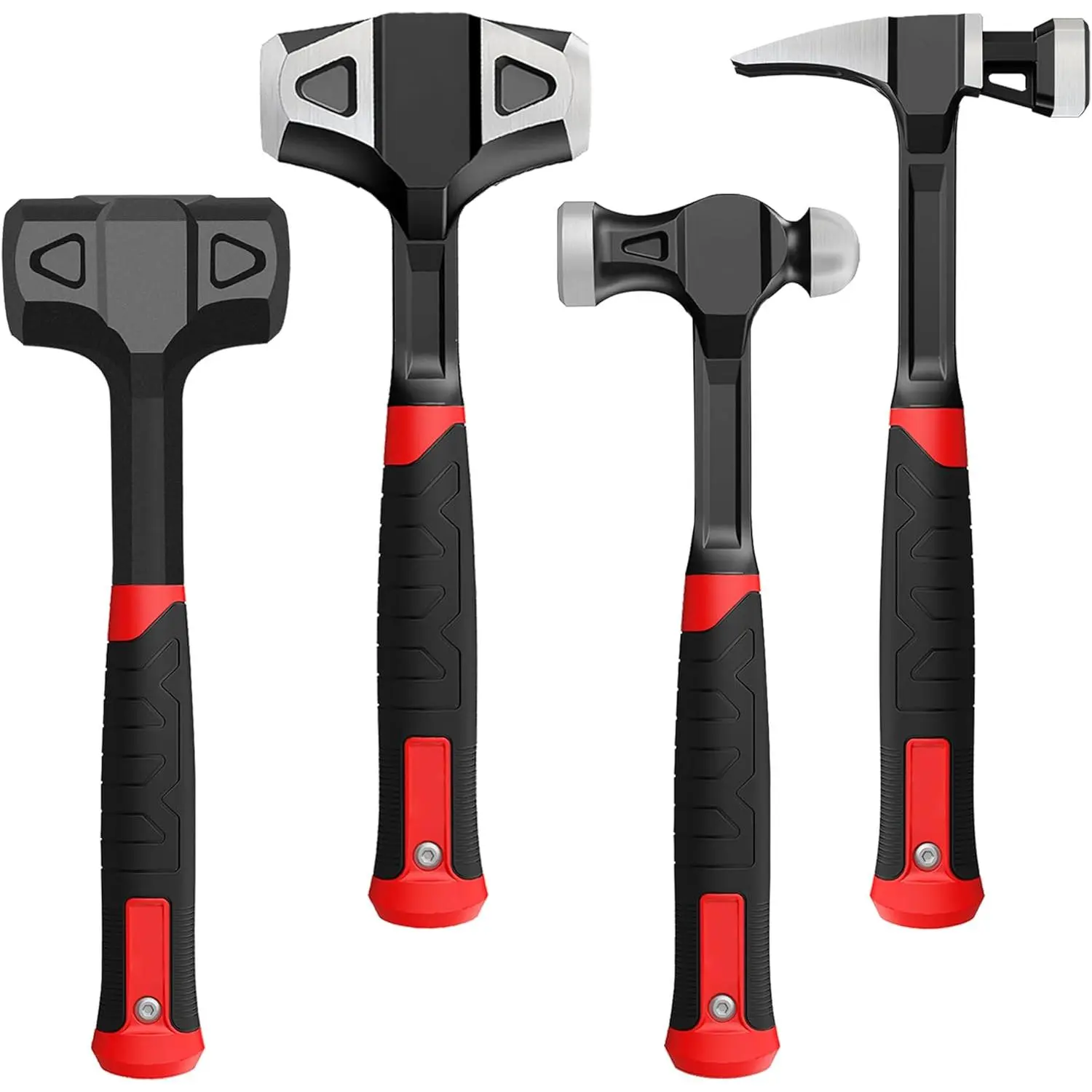 4- Hammer Set - 2LB  Blow, 24oz Ball Peen, 20oz Claw, 3LB Sledgehammer - - Carbon Steel Forging,  Anti-Slip Rubber Grips for Garages, Repair Shops, and DIY