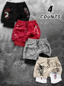 Summer Trendy Cross Thorns Fake Two-Piece Sport Shorts, Street Gothic Design, 4 Pcs Set, Multiple Styles and Colors, Casual Wear