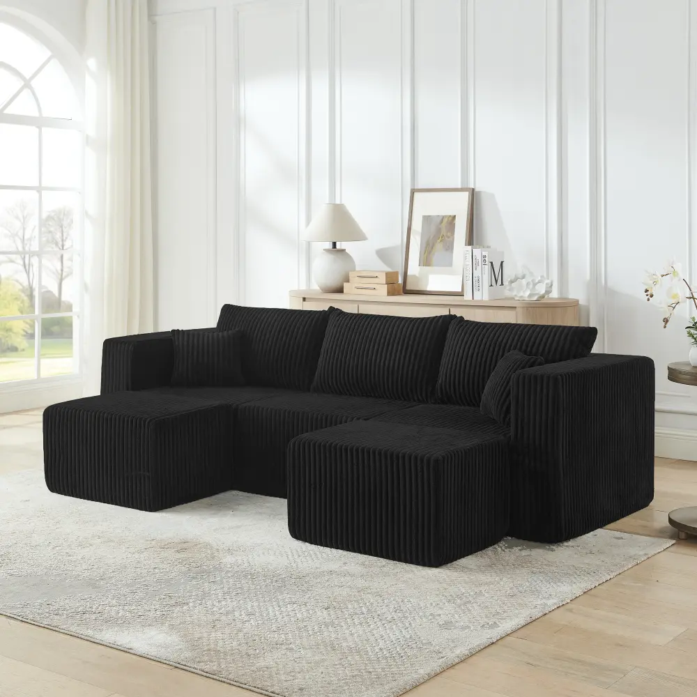 Littleox Compact modular sectional,Compressed Corduroy Sofa with Modern Minimalist Style, Ultra-Comfy Compression Modular Sofa with Space-Saving Efficient Design-Black