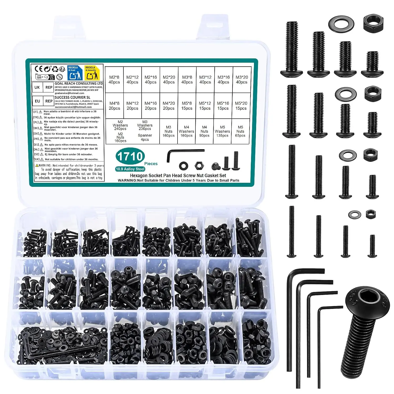 1710 count M2 m3 m4 m5 Screws  Kit, Metric Nuts and   Kit, Hex Socket Button  Cap Screw  and Nuts Kits, Hex Socket Screw Set, Machine Screws Set, with Spanner(Black)