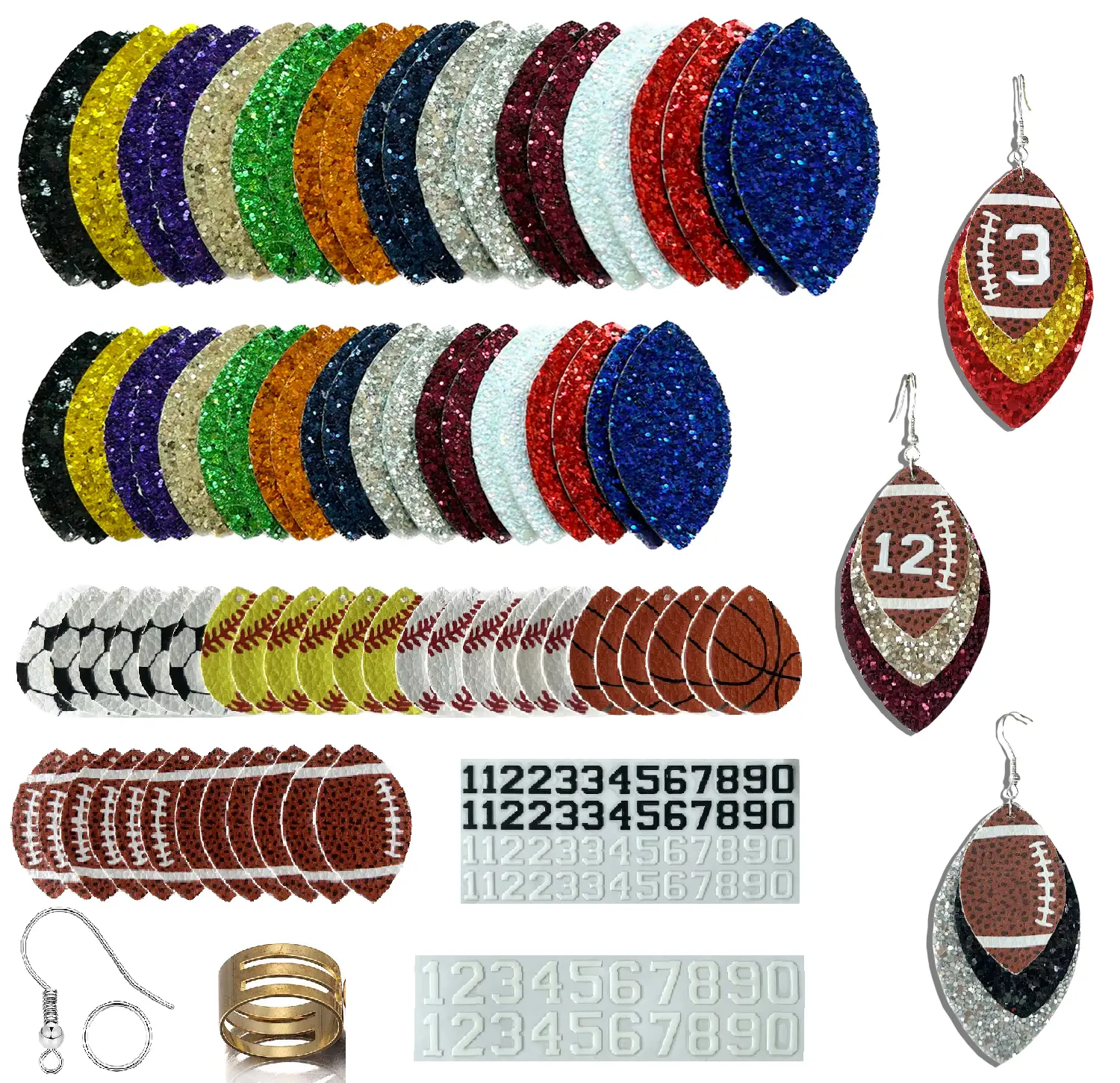 12color softball baseball football earrings Diy Faux Leather Earring making kits for women Made player number 0-99,bling sports cheering earrings charms for jewelry,softball baseball football mom earrings supplies