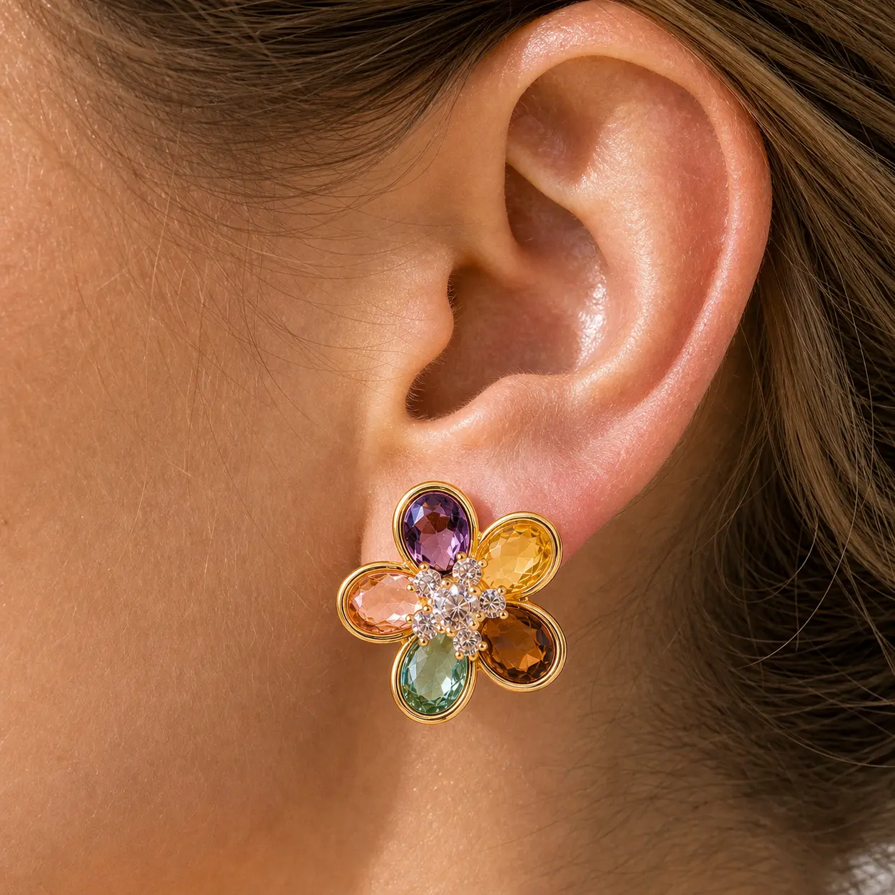 Women's Lightweight Colorful Floral Crystal Pretty Studs - Feminine Aesthetic Costume Earrings, Casual Daily Sparkling Jewelry, Summer Birthday Gift Accessory, Ear Accessories, Sparkling Ear Jewelry, Resort Wear