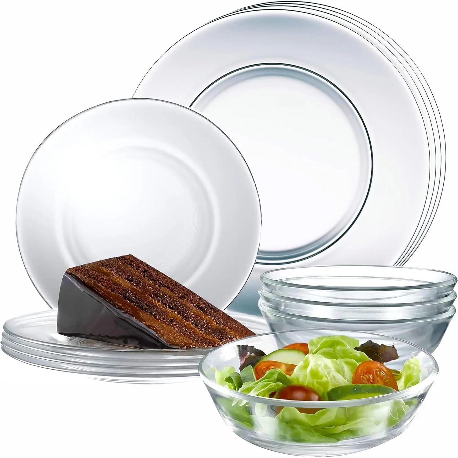 12 count Glass Dinnerware Set - Sleek Round Clear Glass Plate and Bowl Sets - Dishwasher Safe, Bread & Butter Dinner, Dessert, Salad Plates & Serving Cereal Soup Bowls Dishes for Kitchen Dining & Parties