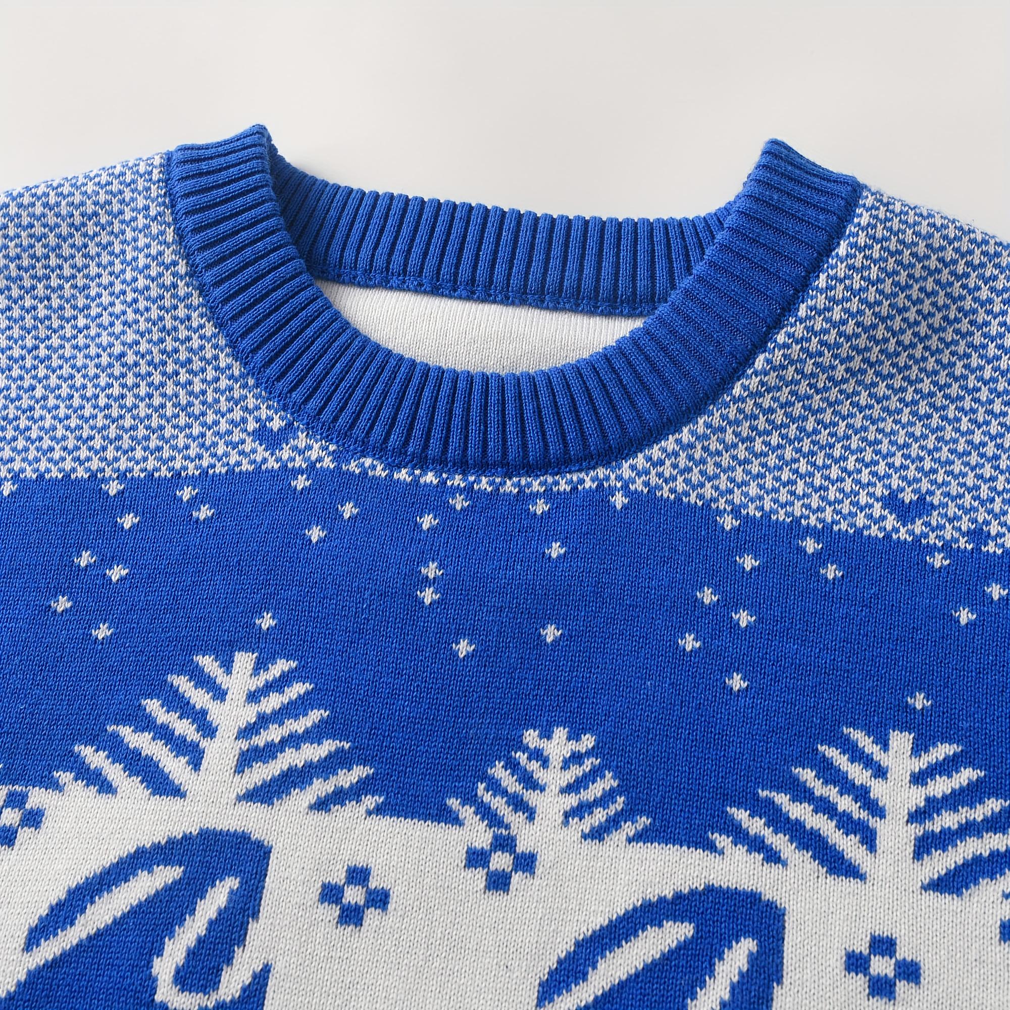 Boys' Heavy-Duty Winter Sweater - Double-Layer Thick Knit Pullover with Reindeer & Snowflake Christmas Pattern, Blue/Red/White Sweater Vest for Kids, Machine Washable Round Neck Long Sleeve Coat-like Top (Holiday & Casual Attire)