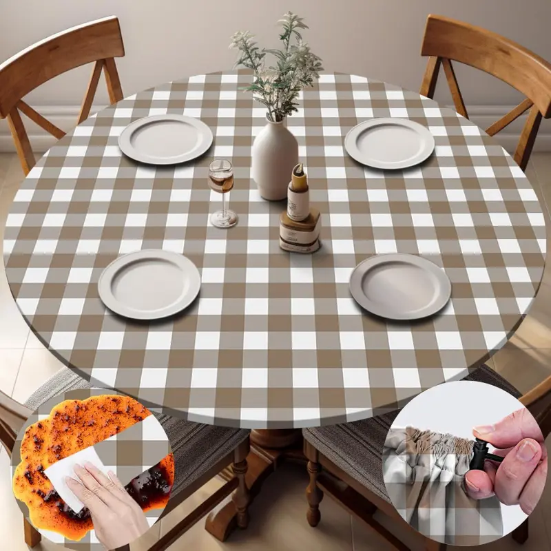 Fitted Round Tablecloths Reusable Stain Resistant Table Clothes Vinyl Indoor Outdoor Circular Cover for 36-44" Table Dorm kitchen Storage Gifts Summer Autumn Camper Patio Picnic Accessories
