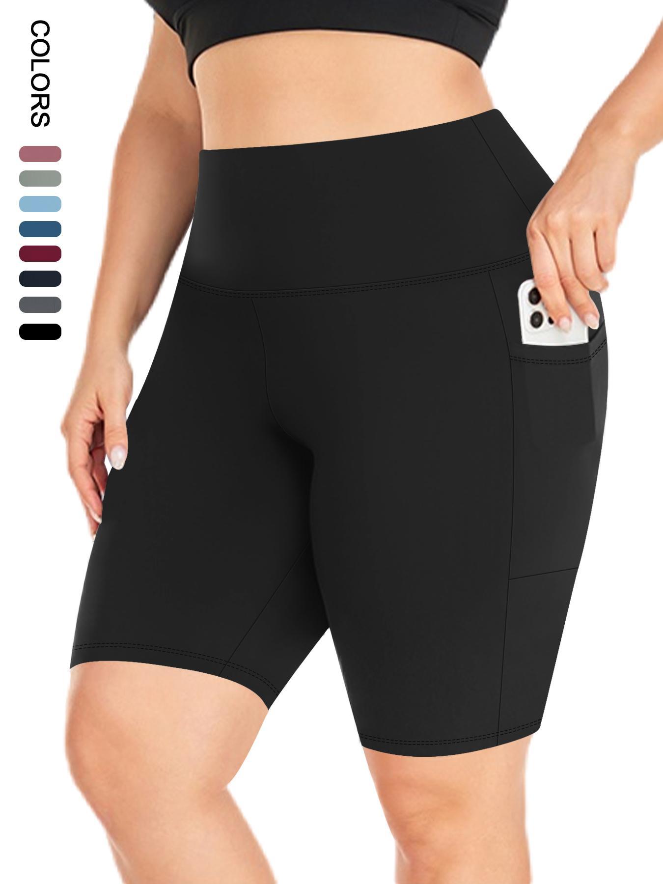 Plus Size Plain High Waist Convenient Pockets Snug Fit Skinny Shorts, Activewear Shorts, Athletic Shorts, Comfy Breathable High Stretch Elasticity Seamless Shorts for Daily Outdoor Sport, Women's Bottoms for Summer