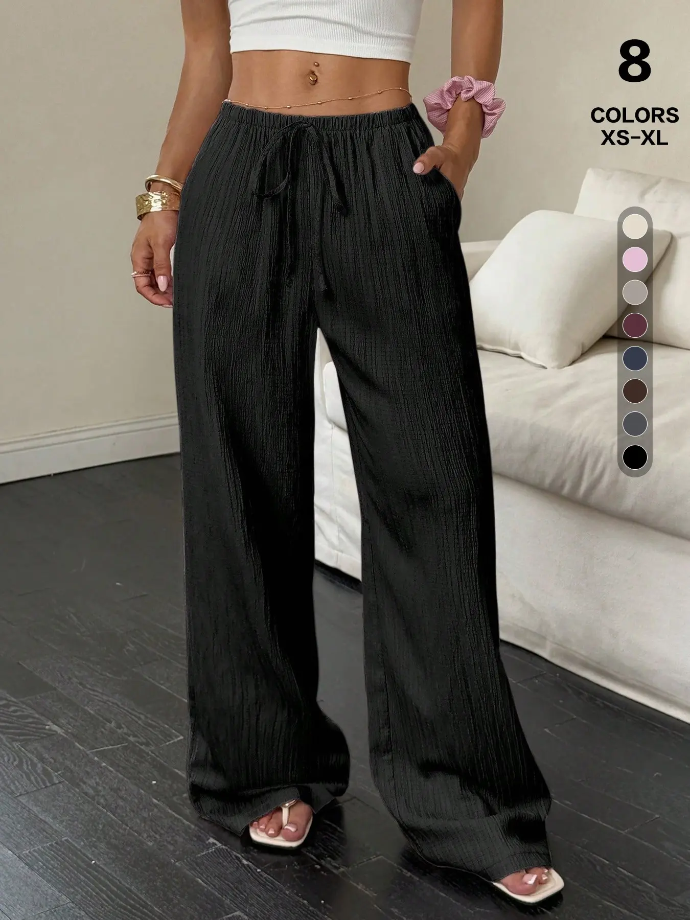 Women's Summer Minimalist Textured Loose Elegant Wide Leg Pants - High Waist Drawstring Trousers, Fashionable Drape Lounge Wear for Everyday Outfit