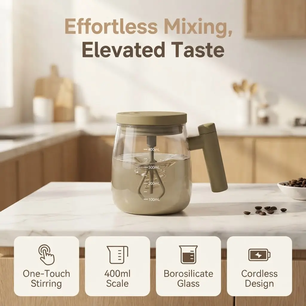 Fully‑Automatic Rechargeable Portable Electric Mixing Cup, Glass Self‑Stirring Shaker Mug, New‑Design Hands‑Free Mixing Tumbler for Coffee, Soy Milk, Protein Shakes and Daily Beverage Blending