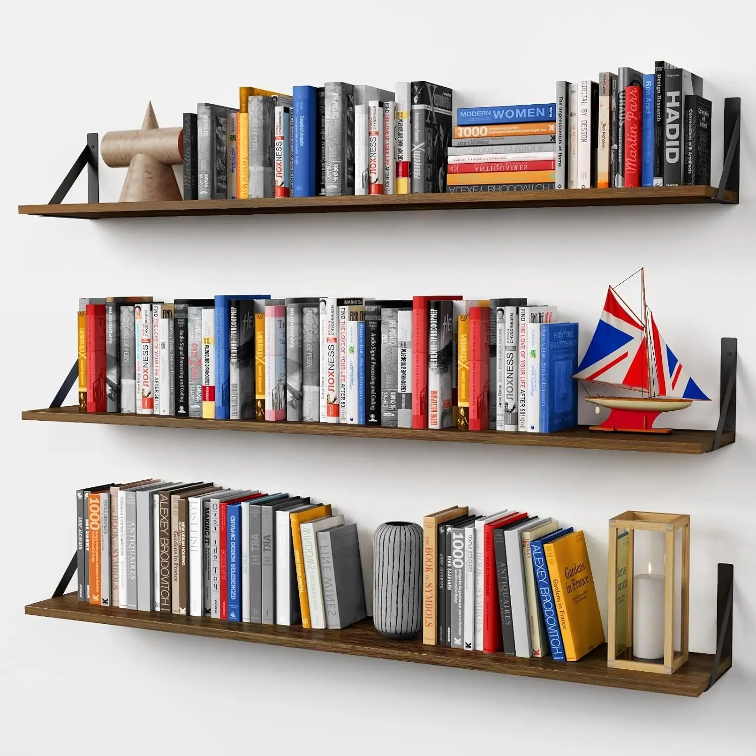 48 Inch Floating Shelves for Wall Long Set of 3, Large Wooden Wall Bookshelf for Bedroom Books, Rustic Wood Hanging Bookshelves for Living Room Laundry Closet Kitchen Storage (Dark Brown)
