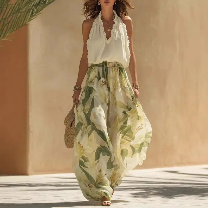 Women's Casual Wear V-neck Waist-cinching Ruffle Sleeveless Dress with Elegant New Design