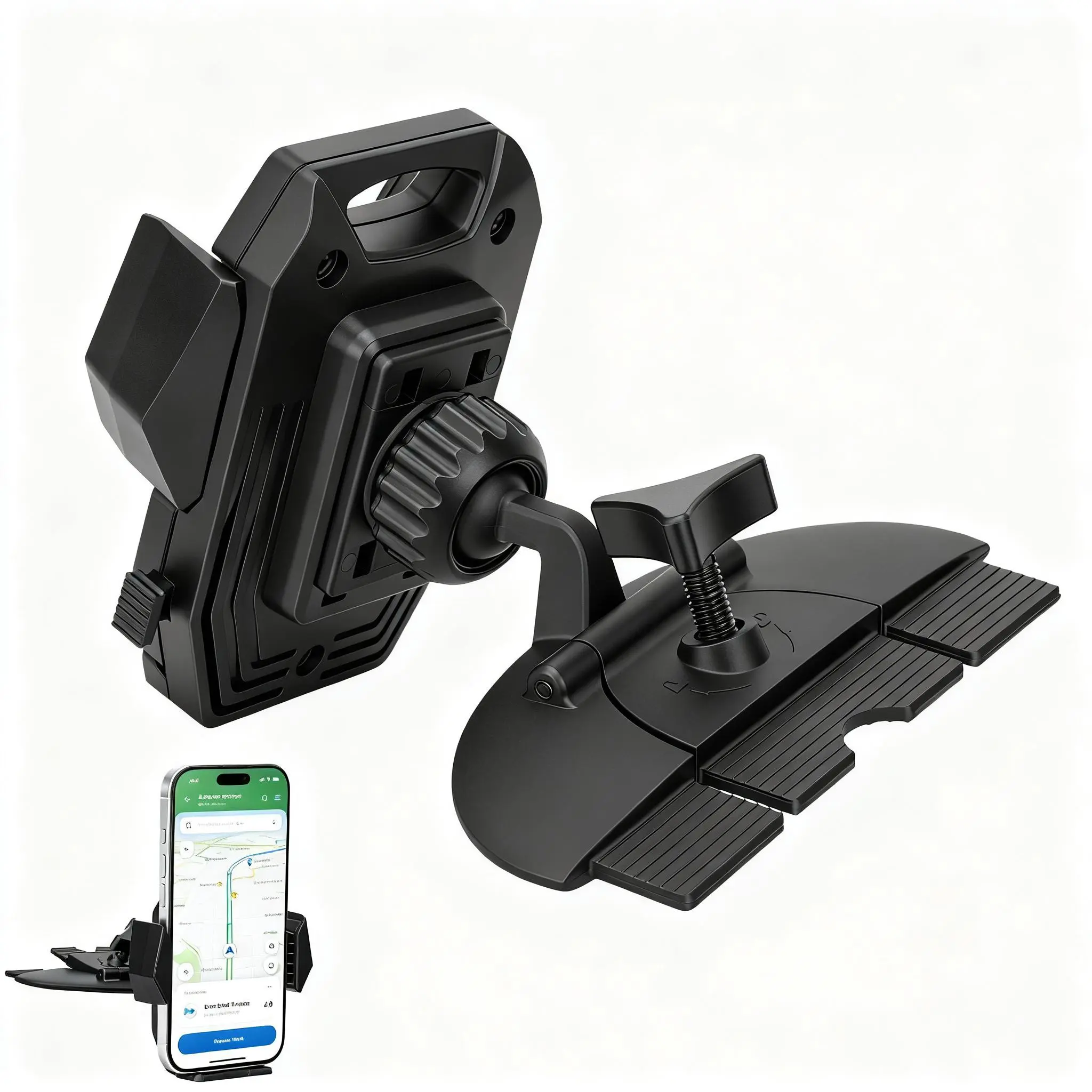 CD Slot Car Phone Mount for CarPlay Screen – 17mm Ball Adapter with 4-Button Lock, Universal Hands-Free Phone Holder Compatible with 7–10.26 Inch Portable CarPlay Displays, GPS & Smartphones (iPhone & Android)