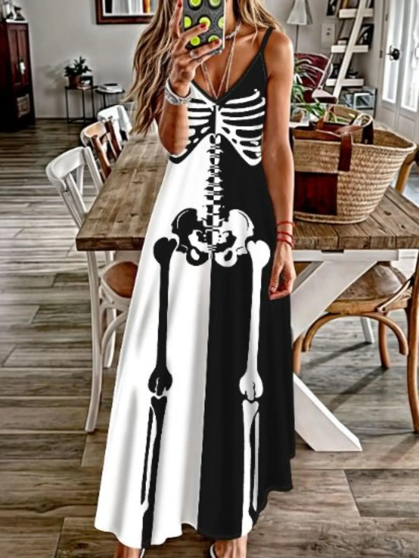 Gothic Skeleton Print Halter Dress, Halloween Costume, Spaghetti Strap Sleeveless Long Dress with Pockets, Casual Summer Wear
