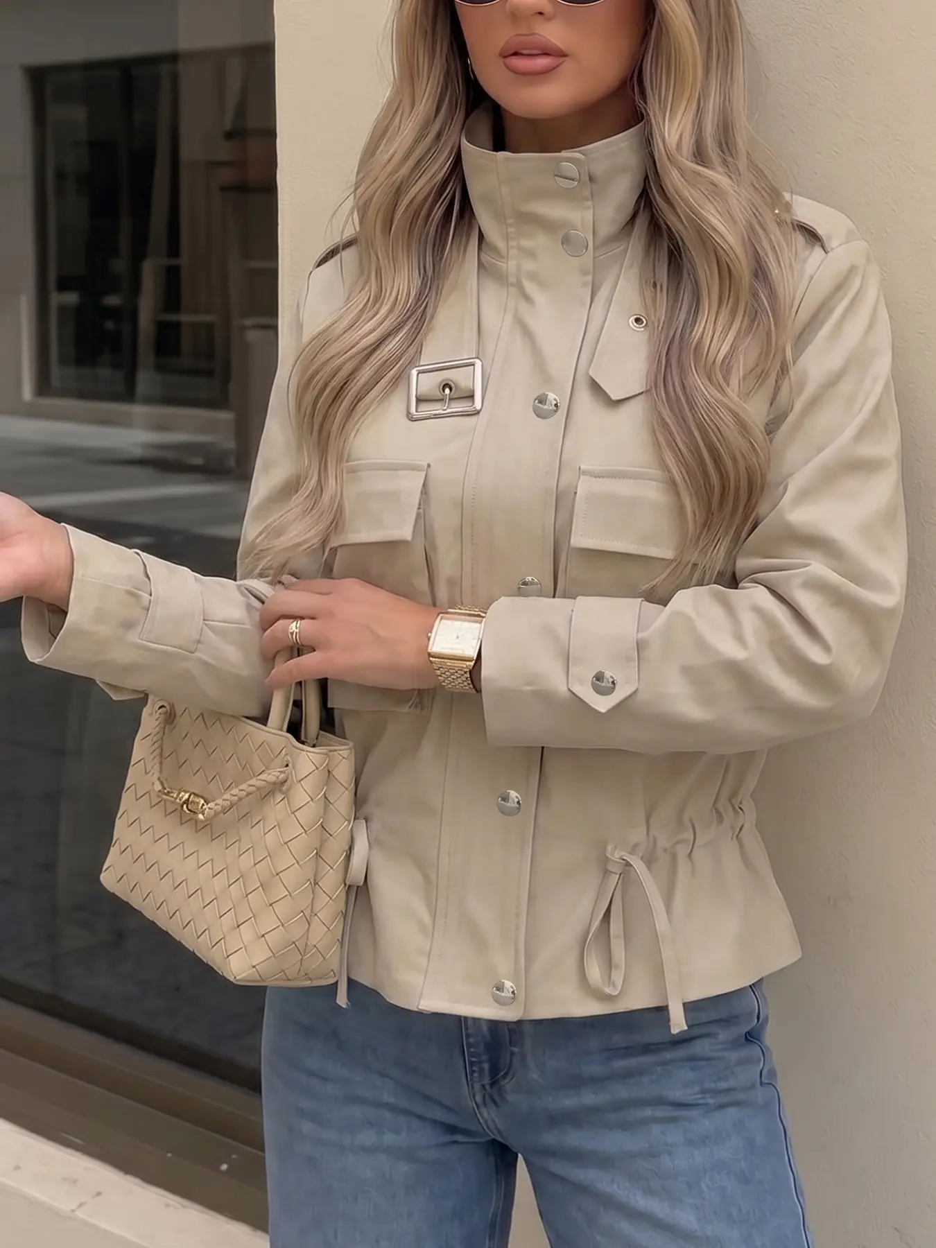 Women's Fashion Basic Solid Color Long Sleeve Jacket, High Neck Zipper Front, Button Details, Pockets, Casual Short Coat