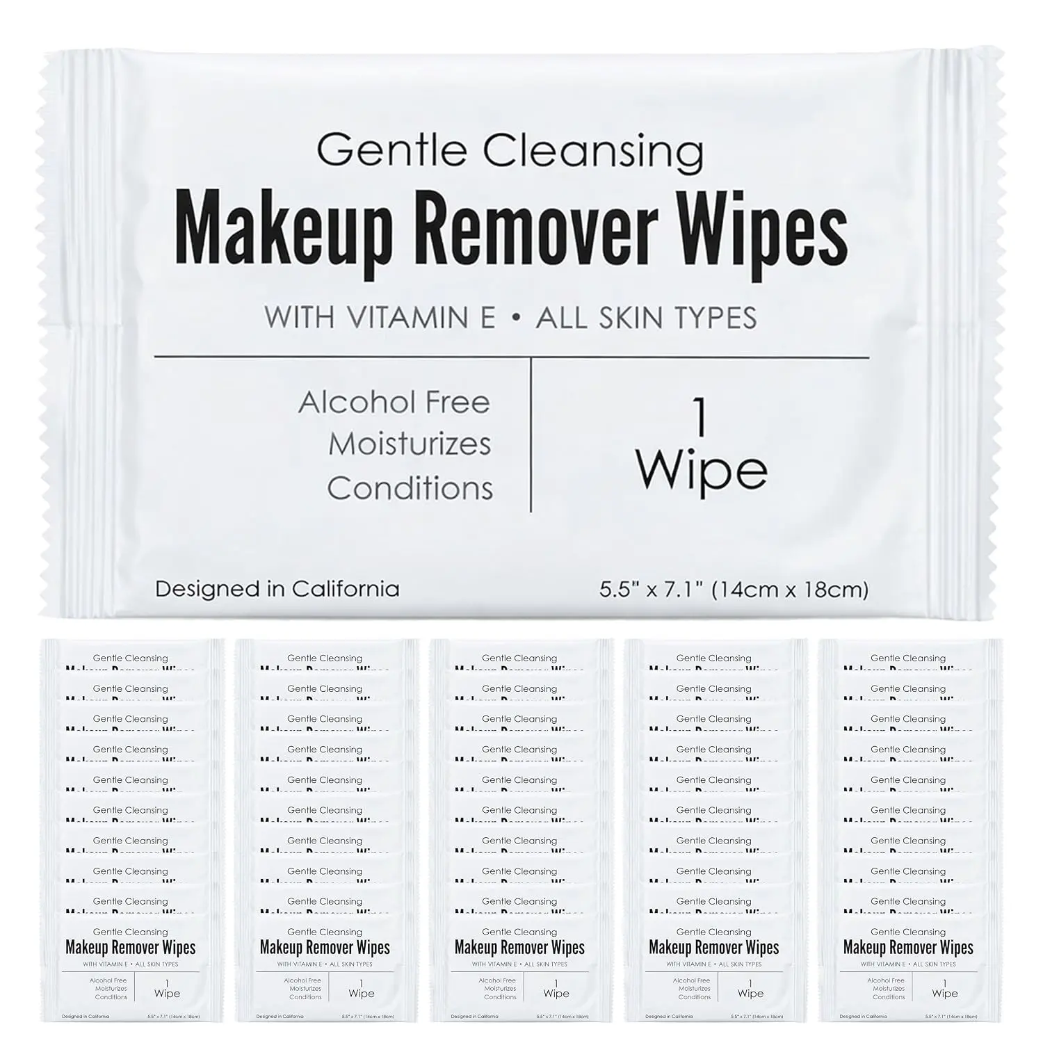 Individual Makeup Remover Wipes, 50 Individually Wrapped |   Makeup wipes individually wrapped, alcohol-free facial cleansing, Vitamin E, sensitive skin, travel-friendly 50 count