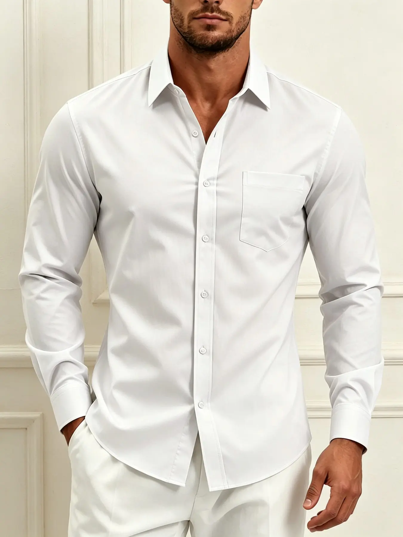 Men's Stretch Wrinkle-Free Long Sleeve Lapel Collar Dress Shirt, Classic Versatile Business Blouse, Smooth Solid Color Formal Casual Top, Ideal for Office Commute & Daily Outfits, Multiple Colors & Plus Sizes Fully In Stock S-3XL, Button Front Shirts