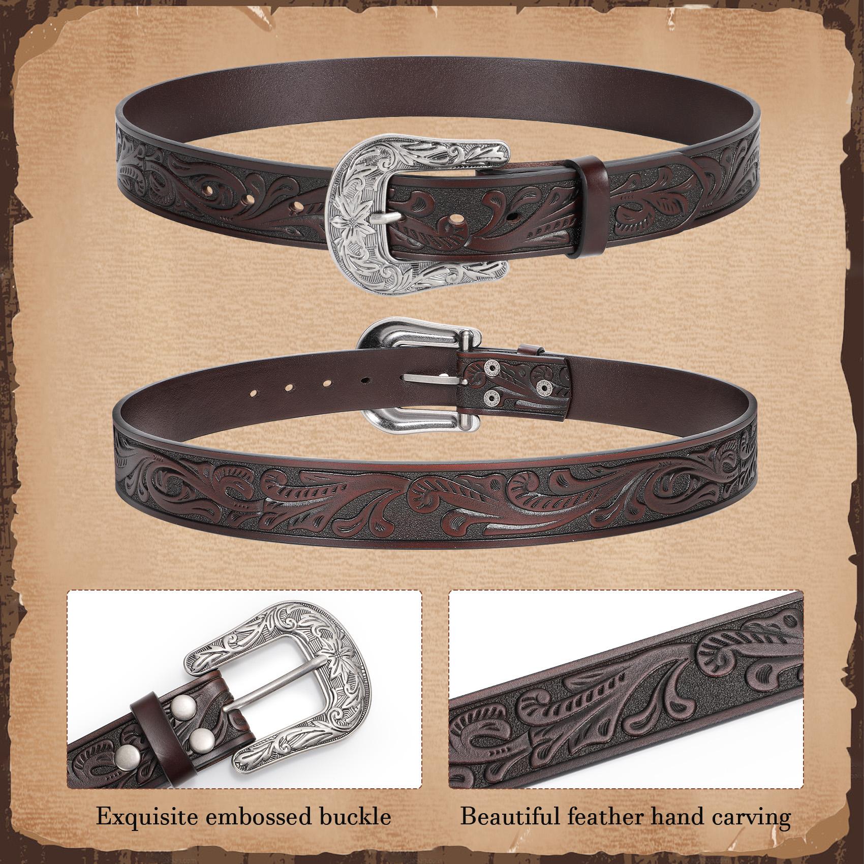 XZQTIVE Western Belts for Women Men Cowboy Cowgirl Floral Engraved Leather Belt Strap Vintage Embossed Buckle Waist Casual  Black Belt