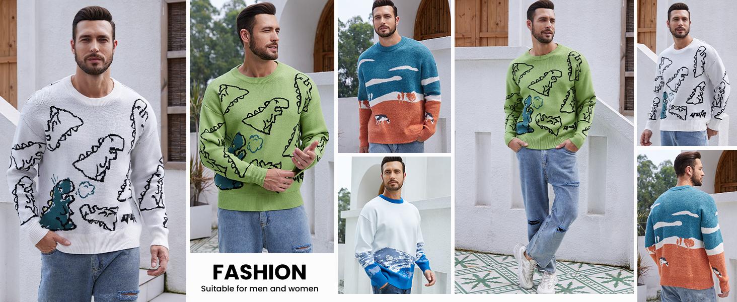 Gihuo Unisex Men Women Oversized Dinosaur Pattern Casual Cable Knit Pullover Soft Cotton Crewneck Sweater Long Sleeve B-Black Knitted Outfit for Spring Fall Winter