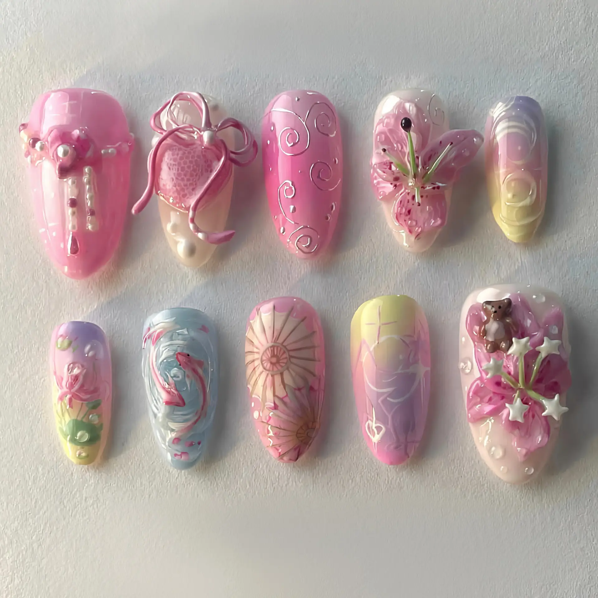 Viral Y2K Sweet Baddie Press On Nails 30 Pieces 3D Flower Bear Almond Shape Painted Fish Bow Reusable Acrylic Fake Nails Natural Fit For Women Daily Party Wear Main Character Energy