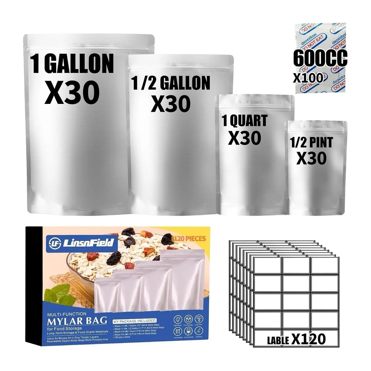 Mylar Food Storage Bag Bundle for Kitchen, Coffee & Food Preservation, 120-Pack with 4 Multi-Size Pouches, 600CC Oxygen Absorbers, 120 Labels, BPA-Free Heat-Sealable Silver Bags