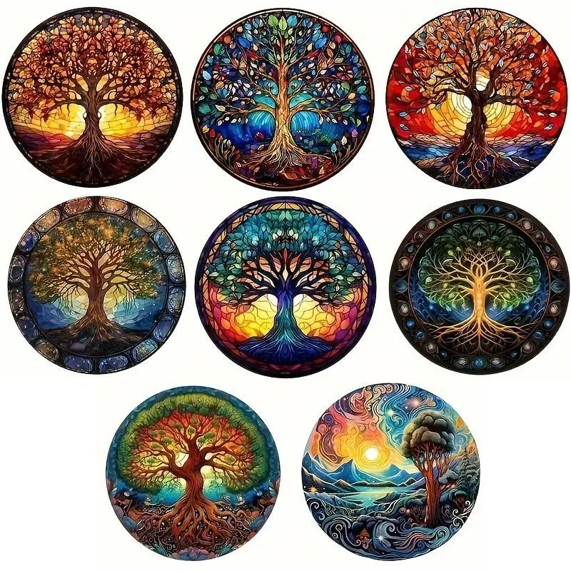 8-piece set of wooden Tree of Life coasters, Decorative Coaster, with Artistic Design and anti slip base, heat-resistant, used for desktop protection, home decoration, Round Coaster