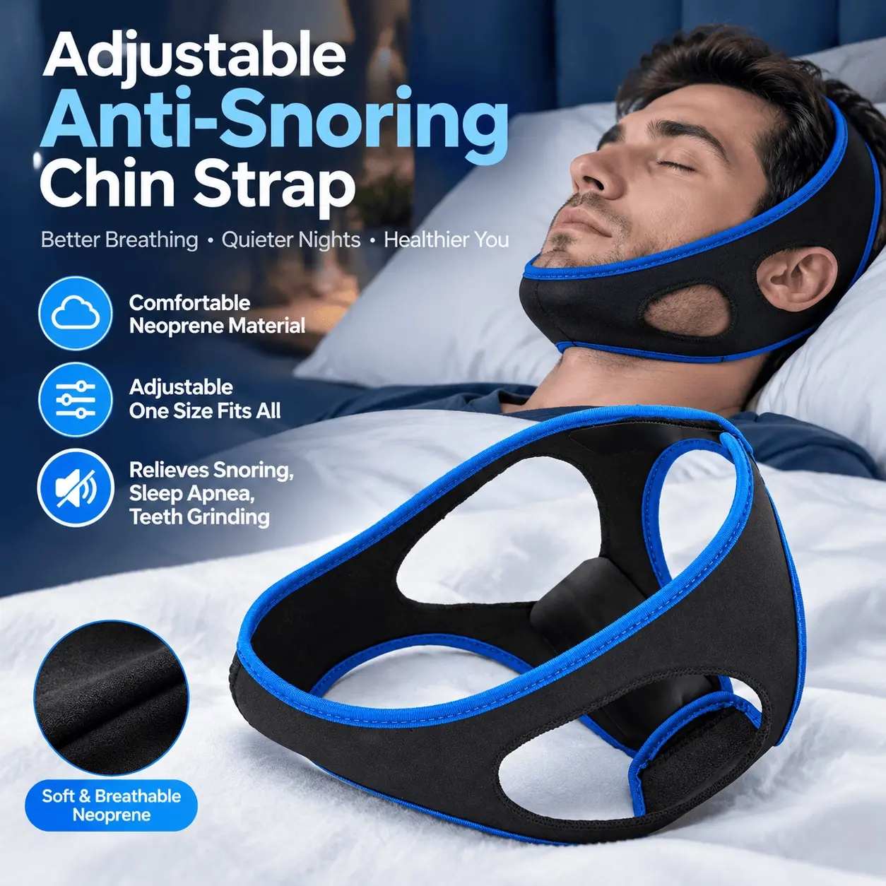 1 Piece Non-Slip Adjustable Chin Strap, Adjustable anti-snoring Chin Strap: a Comfortable Sleep Solution for Snoring Relief, Quieter Nights. the anti-snoring Device for Better Sleep