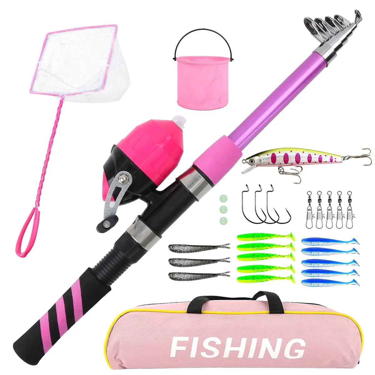 2.1m Pink Telescopic Spincast Rod Complete Combo, Full Tackle Set + Foldable Bucket & Landing Net, Portable Freshwater Fishing Gear for New Anglers for River Pond Shore Fishing