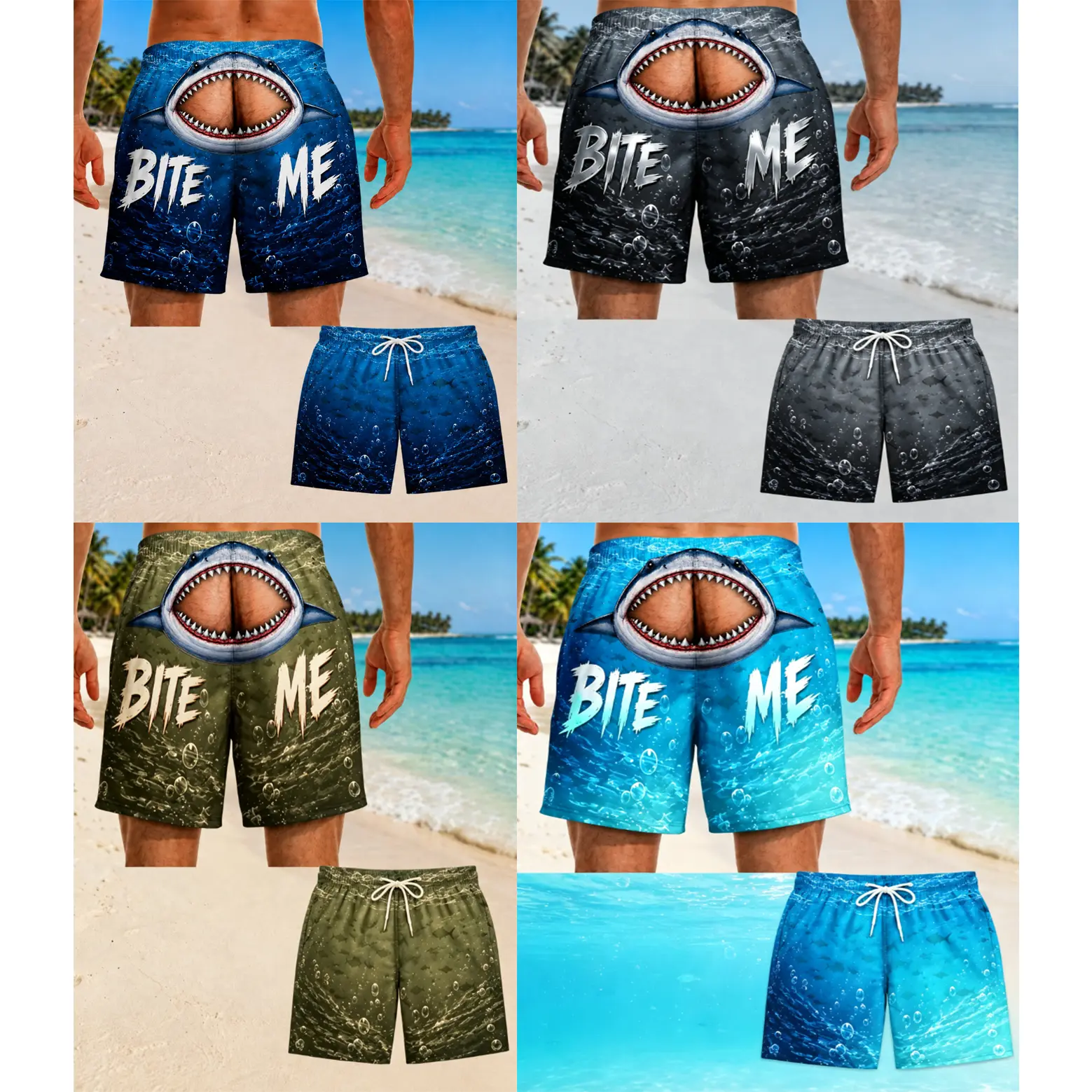 BITE ME Men's Shark Swim Shorts,with Bold 3D Shark Print & Elastic Waist, Suitable for Surfing, Pool, Beach, Tropical Vacations,Shark-Themed Swim Trunks for Summer Swimming Swimming Pool# TikTokMadeMeBuyIt# TikTokShop#Funny Shorts