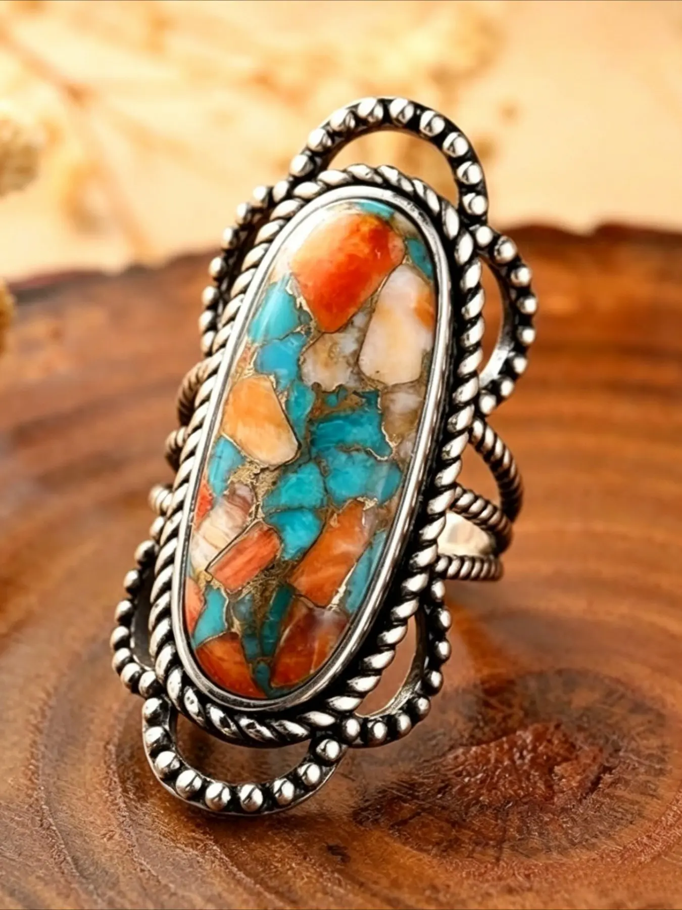 Women's Bohemian Vintage Ring, Colorful Imitation Turquoise Ethnic Style Statement Ring for Party and Casual Wear All Seasons