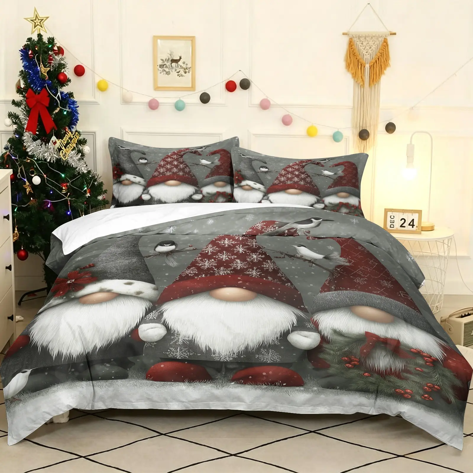 Christmas Gnome Grey Forest Bird Duvet Cover Set, Include 1 Duvet Cover & 1‑2 Coreless Pillowcases, Soft Gentle Fabric, Festive Farmhouse Style Bedding, Home Decor, Great For Christmas Gifts