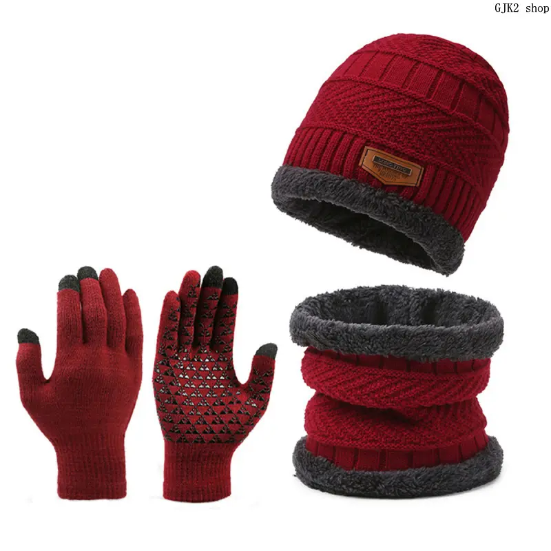 Men Women 3 in 1 Winter Warm Set Knit Fleece Lined Beanie Hat Neck Warmer Touch Screen Non‑Slip Gloves Windproof Thermal Kit for Skiing Cycling Daily Commute Cold Weather Outdoor Activities