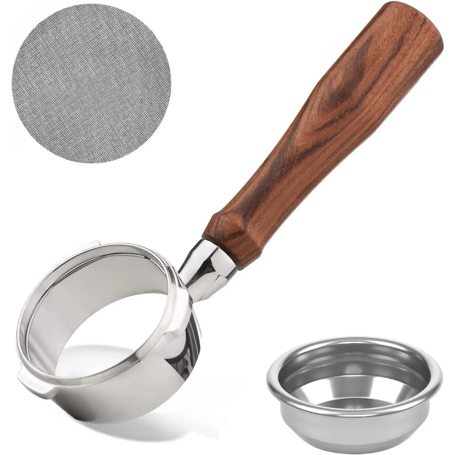 58mm Stainless Steel Detachable Bottomless Coffee Portafilter with Ergonomic Wood Handle, Solid Wood Build, 2-Cup Capacity, 58mm Puck Screen, Easy Cleaning, Compatible with Ultra, 4700Gense, 5700Gense, 5700Pro Series Espresso Machines