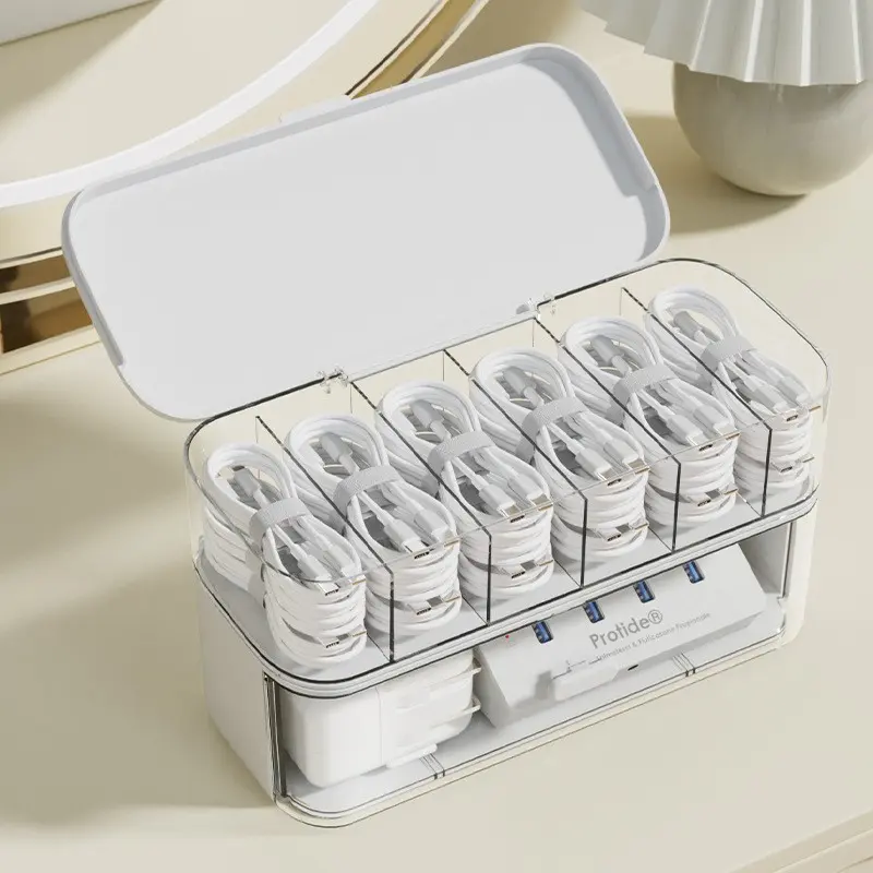 Double Layer Transparent Cable Organizer Box, Durable PP Material, Desk and Drawer Storage, Easy Access, Clear View, Cable Management