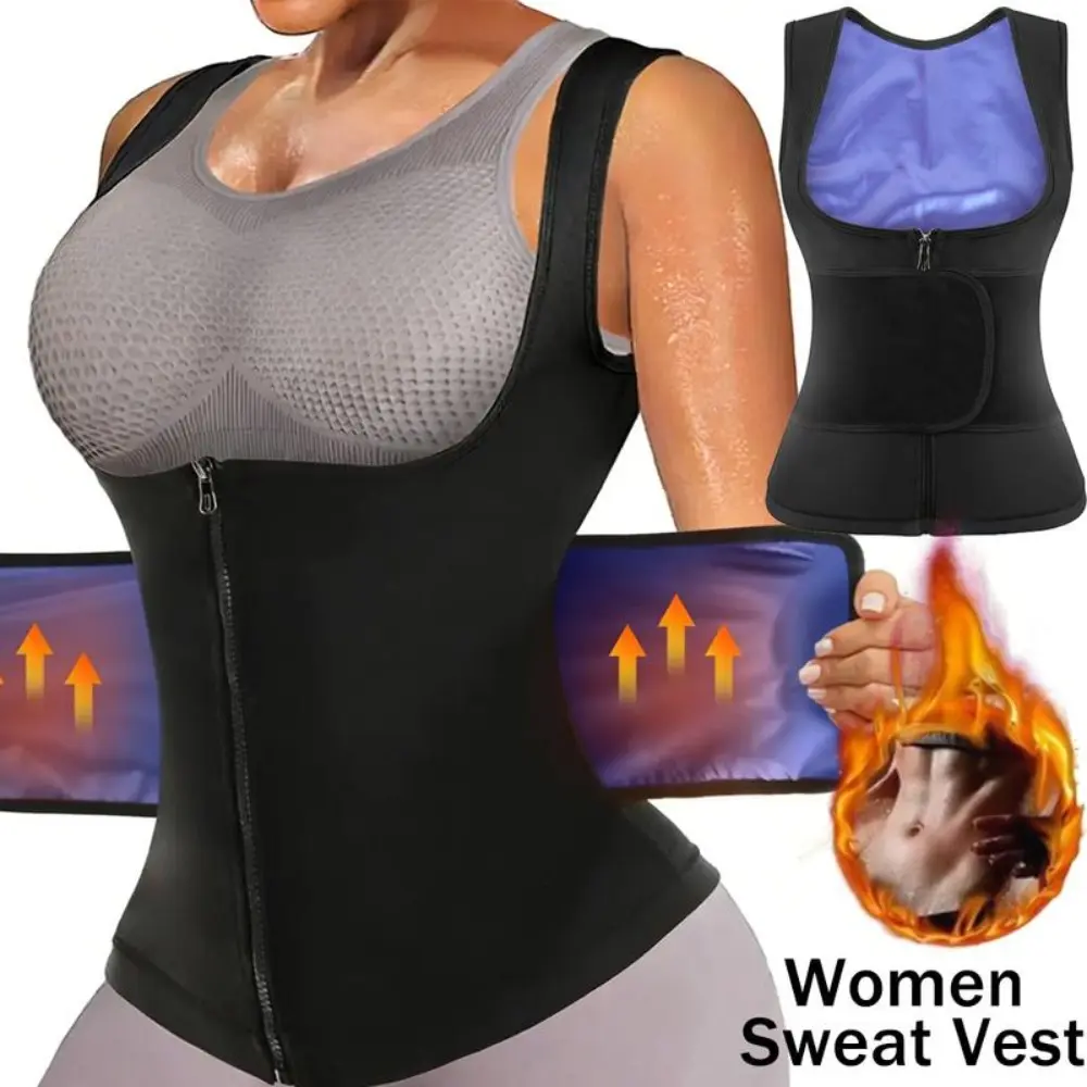 Women's Sleeveless Adjustable Zipper Sauna Tank Top Waist Trainer Vest Tummy Control Shapewear Sauna Suit