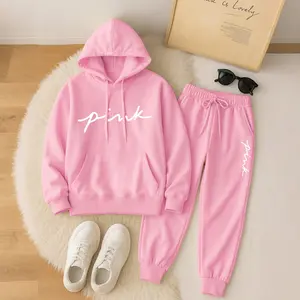 Women's PINK Print Hoodie And Drawstring Track Pants Set, Casual Sportswear, Long-Sleeved Hooded Jacket And Pants, Suitable For Autumn And Winter, Everyday Wear, Indoor And Outdoor Sportswear, Sportswear Set, Casual Sportswear