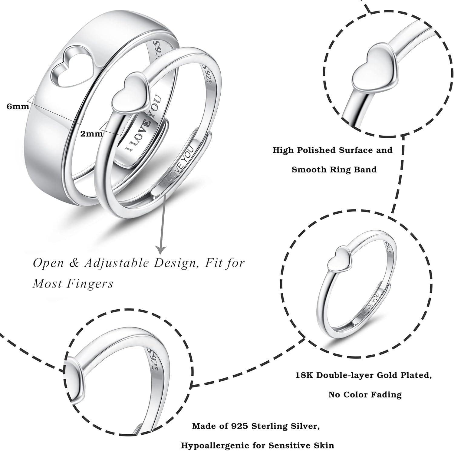 925 Sterling Silver Matching Couple Rings - Heart Promise Wedding Band Set for Him & Her, Adjustable I Love You Rings, Valentine's Day Couples Gift