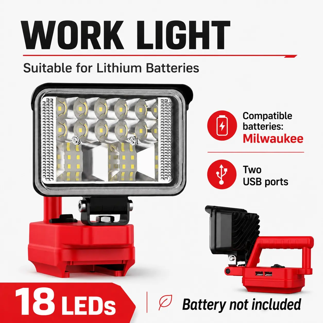 Wireless LED Work Light for Milwaukee 18v Battery, 10w 1200lm Wide Beam, Dual USB Charging Ports, Ideal for Emergency, Workshop, Garage, Portable Working Lights, Portable Mechanic Light