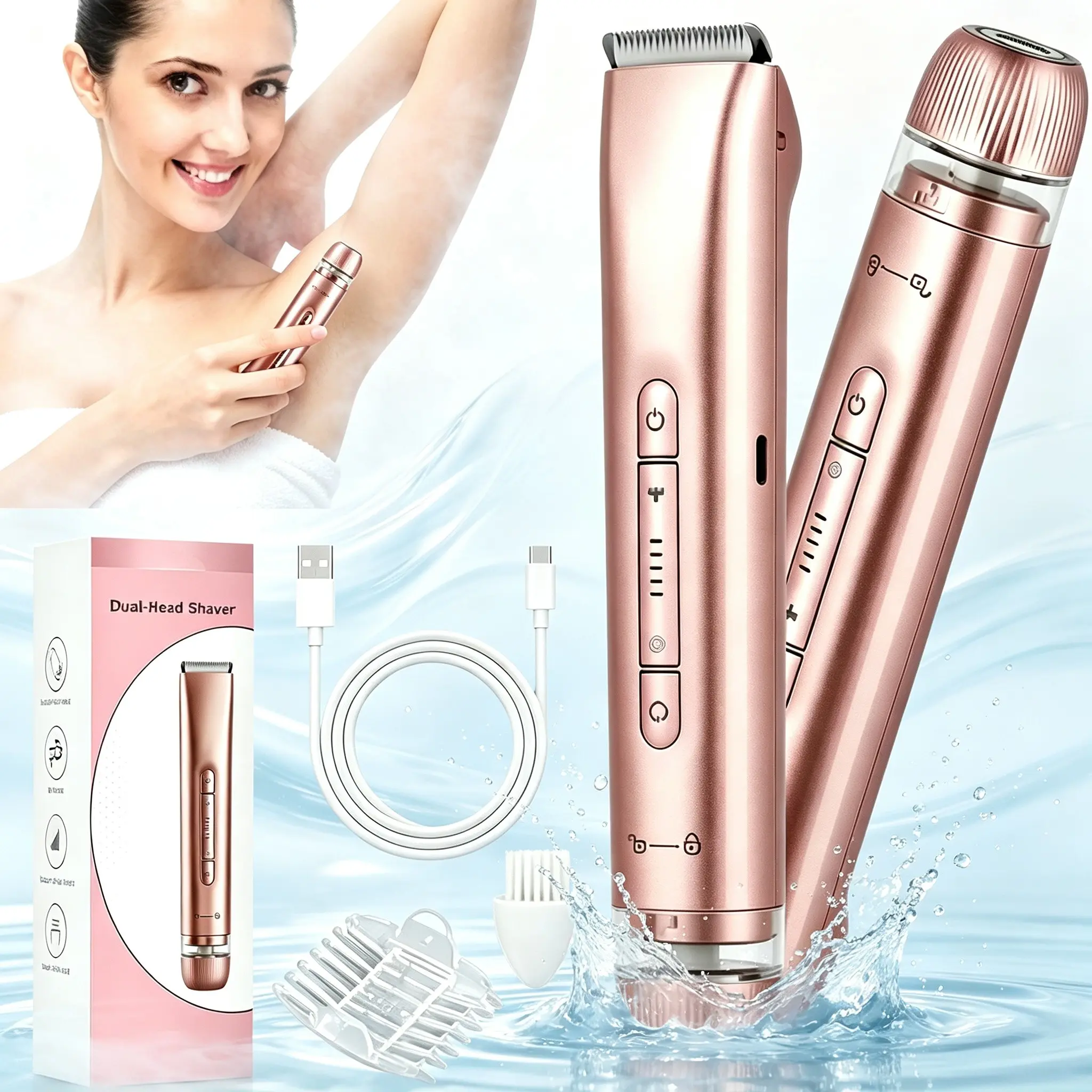 2-In-1 Dual-Head Electric Body Hair Remover, Portable Dry Wet Shaver, Rechargeable Shaver, Ergonomic Handle, Face, Arms, Legs, Bikini Line, Back Hair Removal