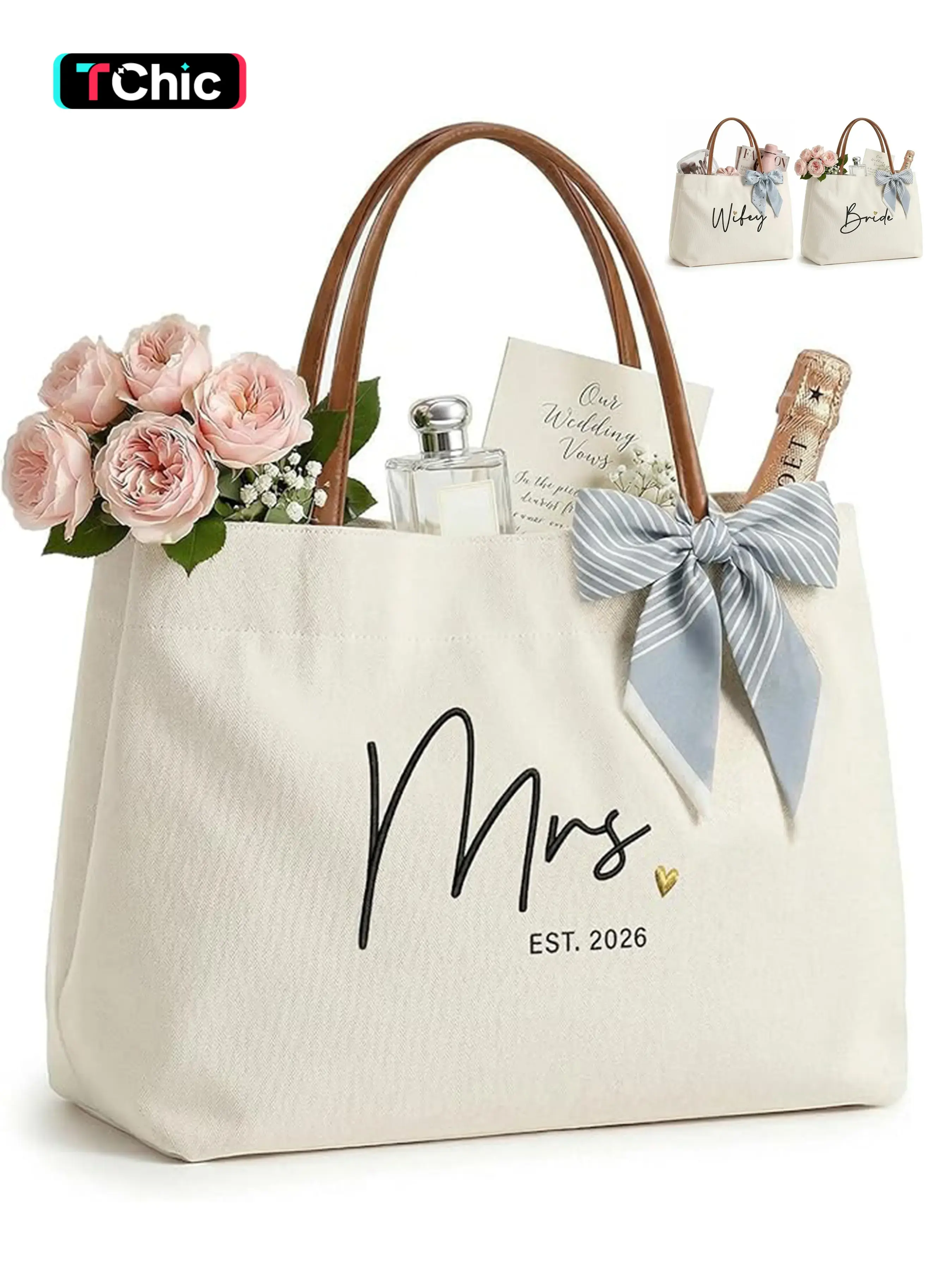 Bride Tote Bag, Embroidered Canvas Wedding Essential Tote, Beach Bag, Elegant Bag, Personalized Bridal Gifts, Suitable For Weddings, Bridal Showers, Bachelorette Parties, Engagements, Honeymoons, Gifts For Good Friends, Bridal Souvenirs