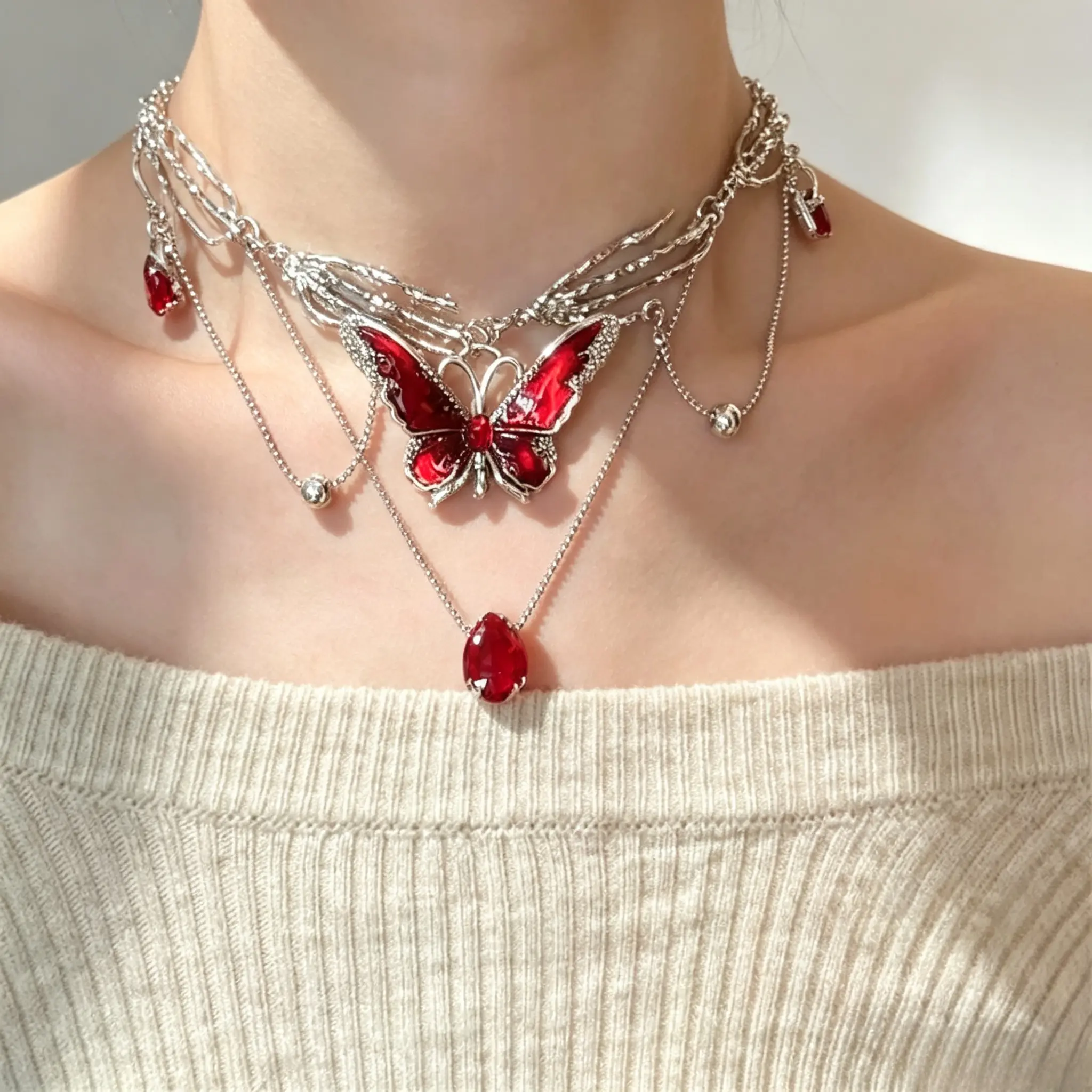 Gothic Butterfly Choker Necklace for Women, Red Crystal Pendant Silver Tone Chain, Y2K Punk Statement Jewelry for Night Out & Everyday Outfits