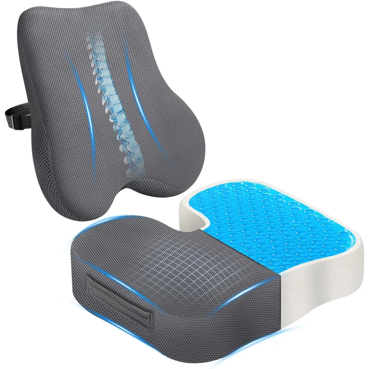 Gel Seat Cushion & Lumbar Pillow Set, Cooling for Coccyx & Sciatica Pain Relief, Ergonomic Desk Chair Cushion with Breathable Mesh Cover for Car, Home, Wheelchair (Grey)