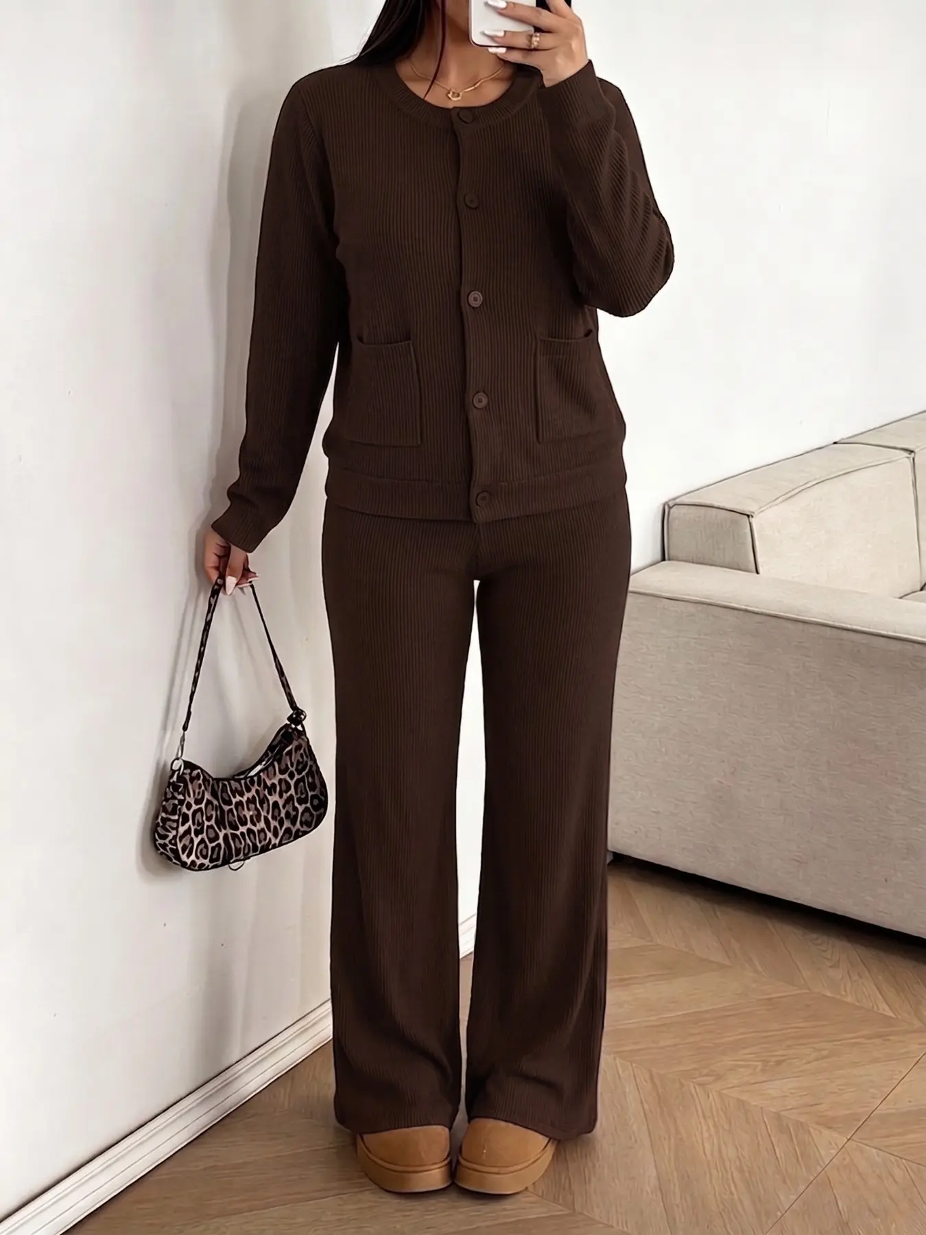 Plus Size Women 2-Piece Basic Knit Matching Set, Crew Neck Long Sleeve Button Sweater & High Waist Wide Leg Pants, Casual Comfort Outfit for Spring & Fall, Great for Daily Commute, Dates, Outings, Parties & Gatherings Clothes