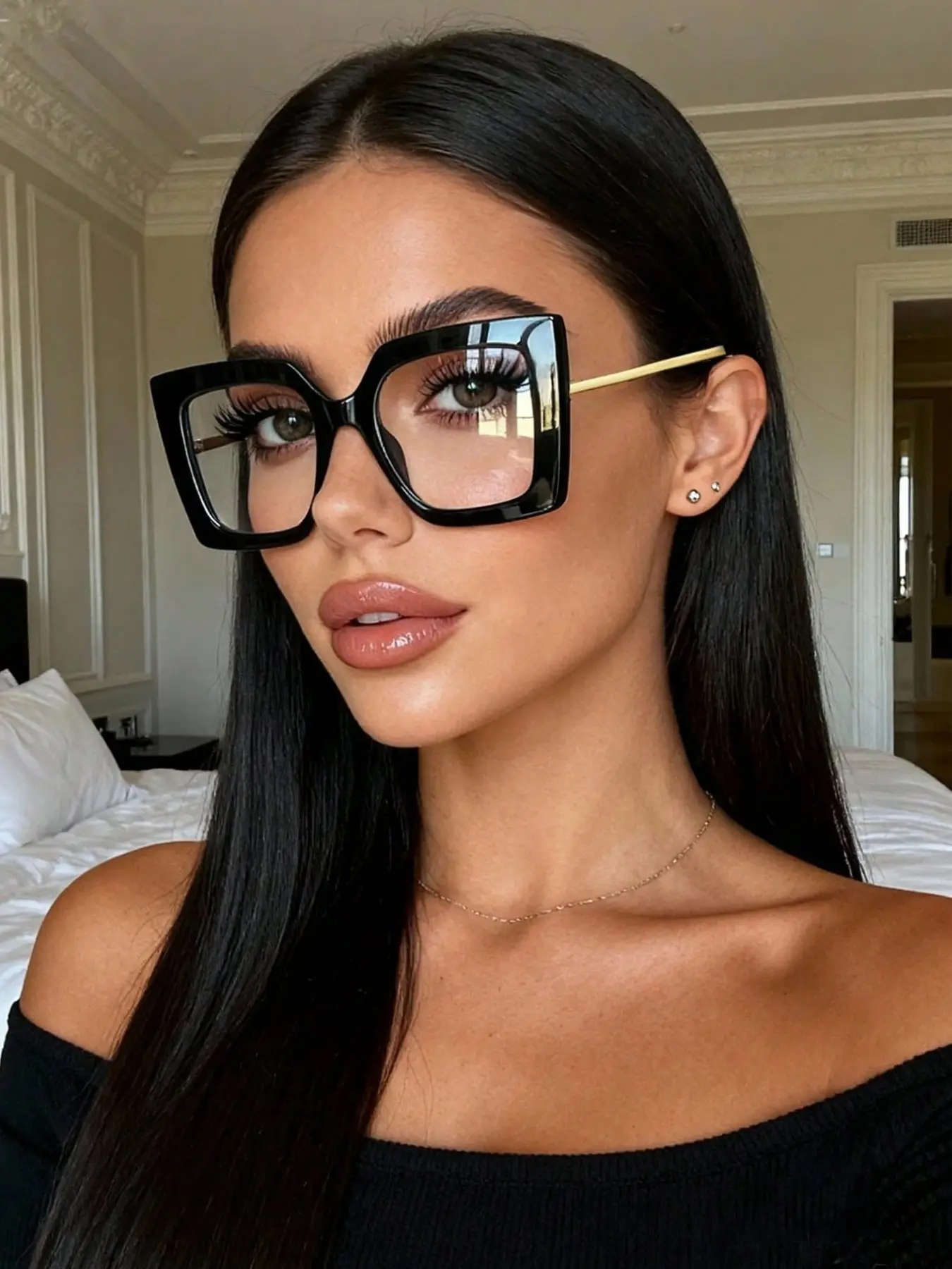 Square Geometric Large Frame Metal Women's Plain Glasses, Transparent Eyewear for Gaming, TV, Daily Use, Decorative Glasses, Fashion Accessory