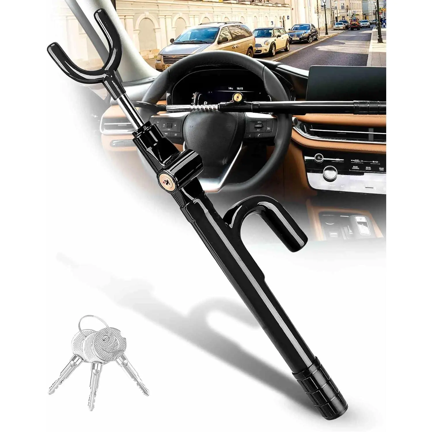 Steering Wheel Lock Anti-Theft Device Security Car Lock Anti Theft Car Device Visible Antitheft Locking Devices Adjustable Car Wheel Lock for Cars with 3 Keys (Black)